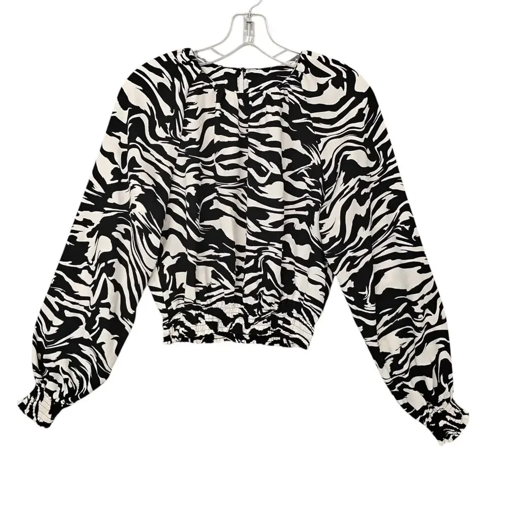 H&M Animal Print Blouse Size XS Black & Beige Balloon Long Sleeve Elastic Waist - Picture 2 of 9
